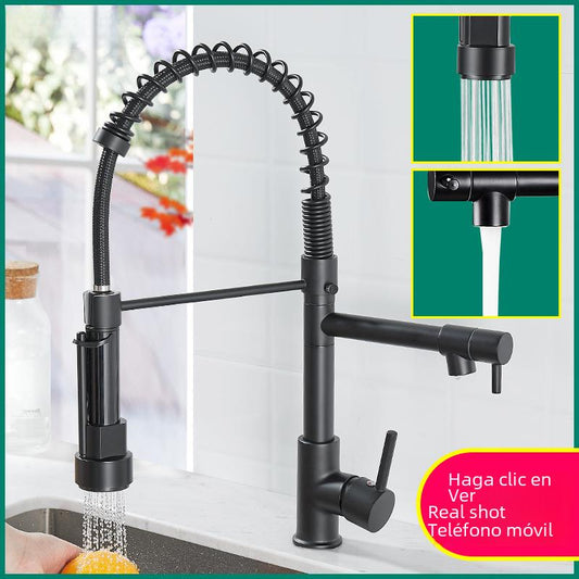 Cross-border commodity all-copper nickel wire drawing dual-function kitchen spring faucet hot and cold water rotating black drawing faucet