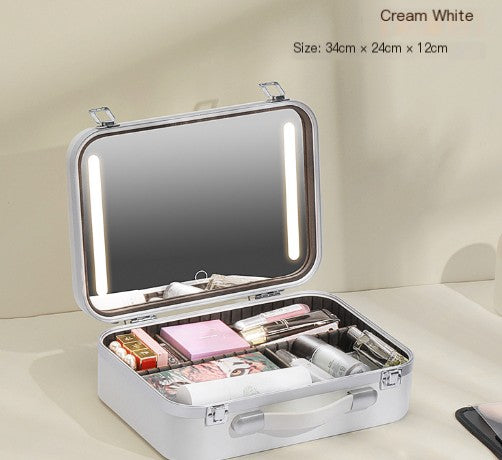 Large-capacity makeup artist cosmetics storage box with LED light and mirror