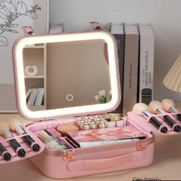 Large-capacity makeup artist cosmetics storage box with LED light and mirror