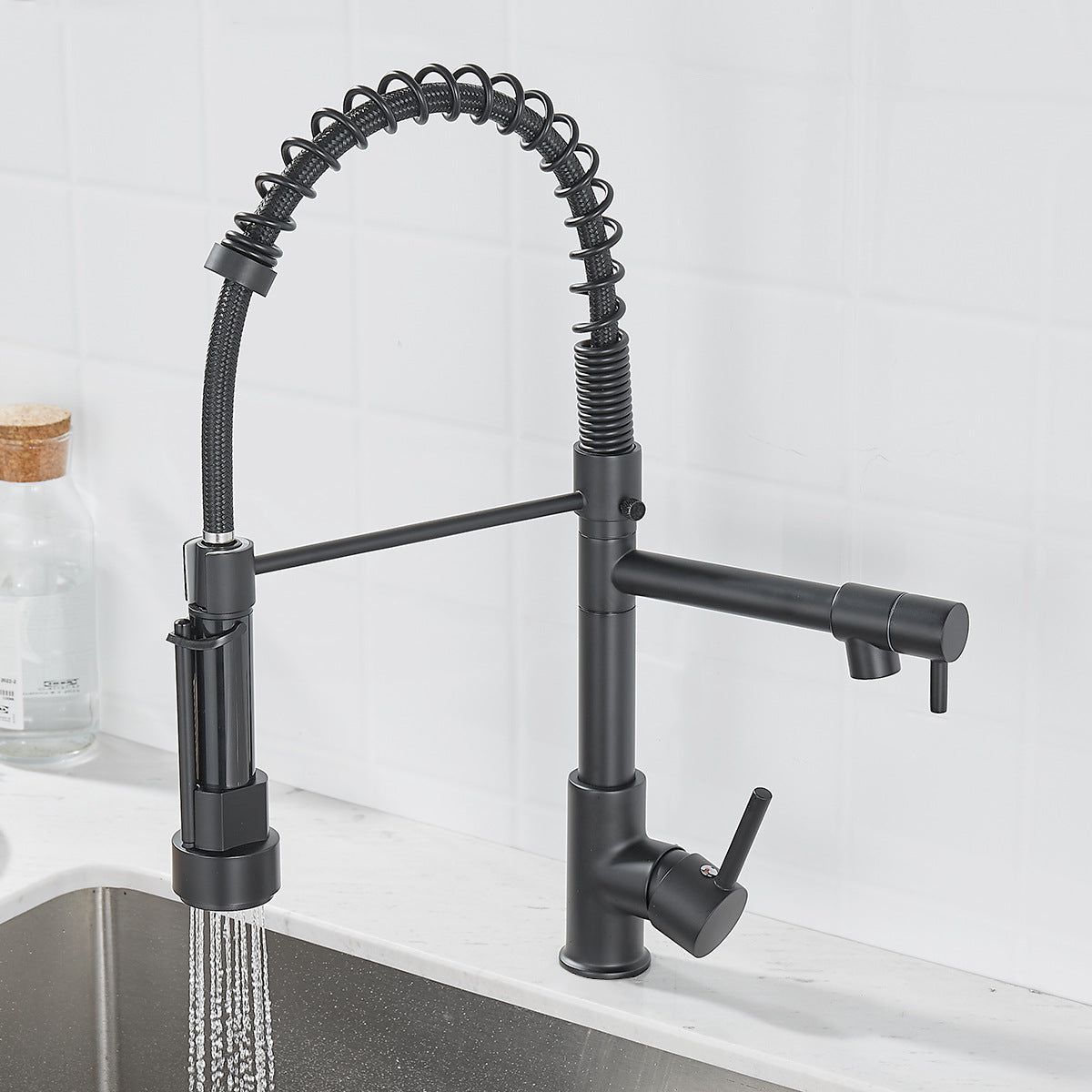 Cross-border commodity all-copper nickel wire drawing dual-function kitchen spring faucet hot and cold water rotating black drawing faucet