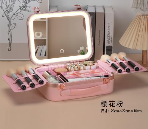 Large-capacity makeup artist cosmetics storage box with LED light and mirror