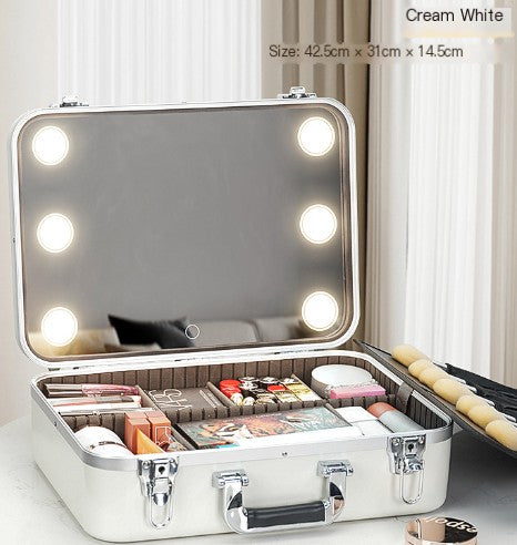 Large-capacity makeup artist cosmetics storage box with LED light and mirror